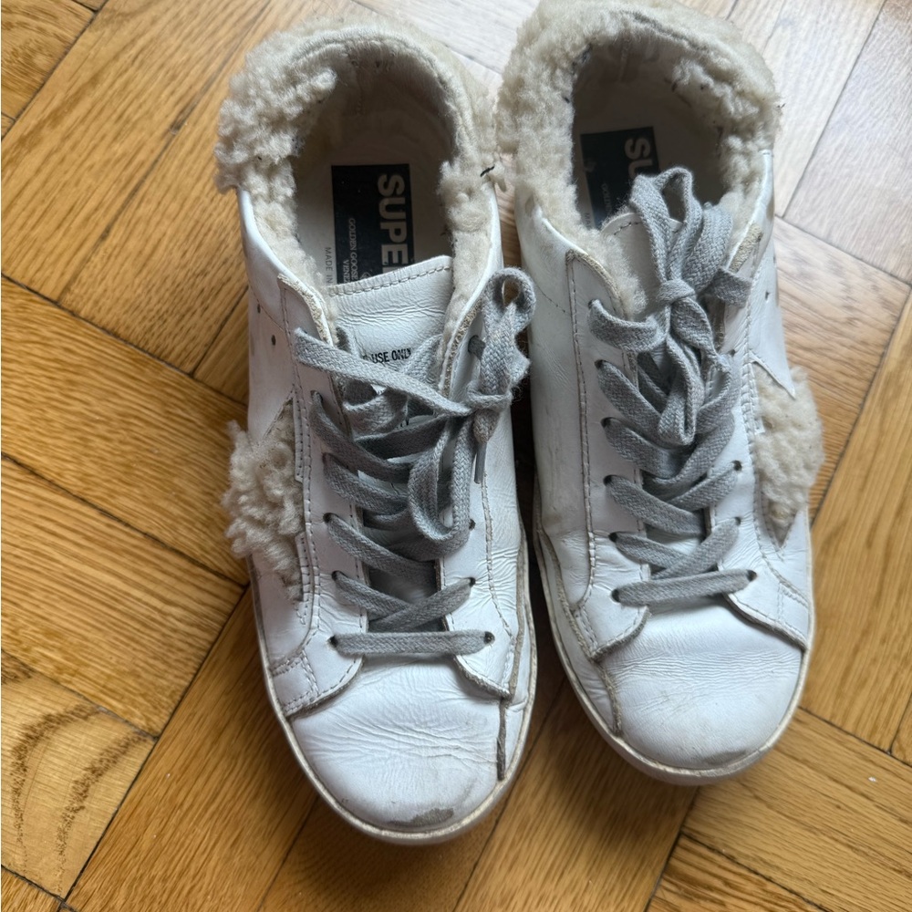 Golden Goose white shearling sneakers
